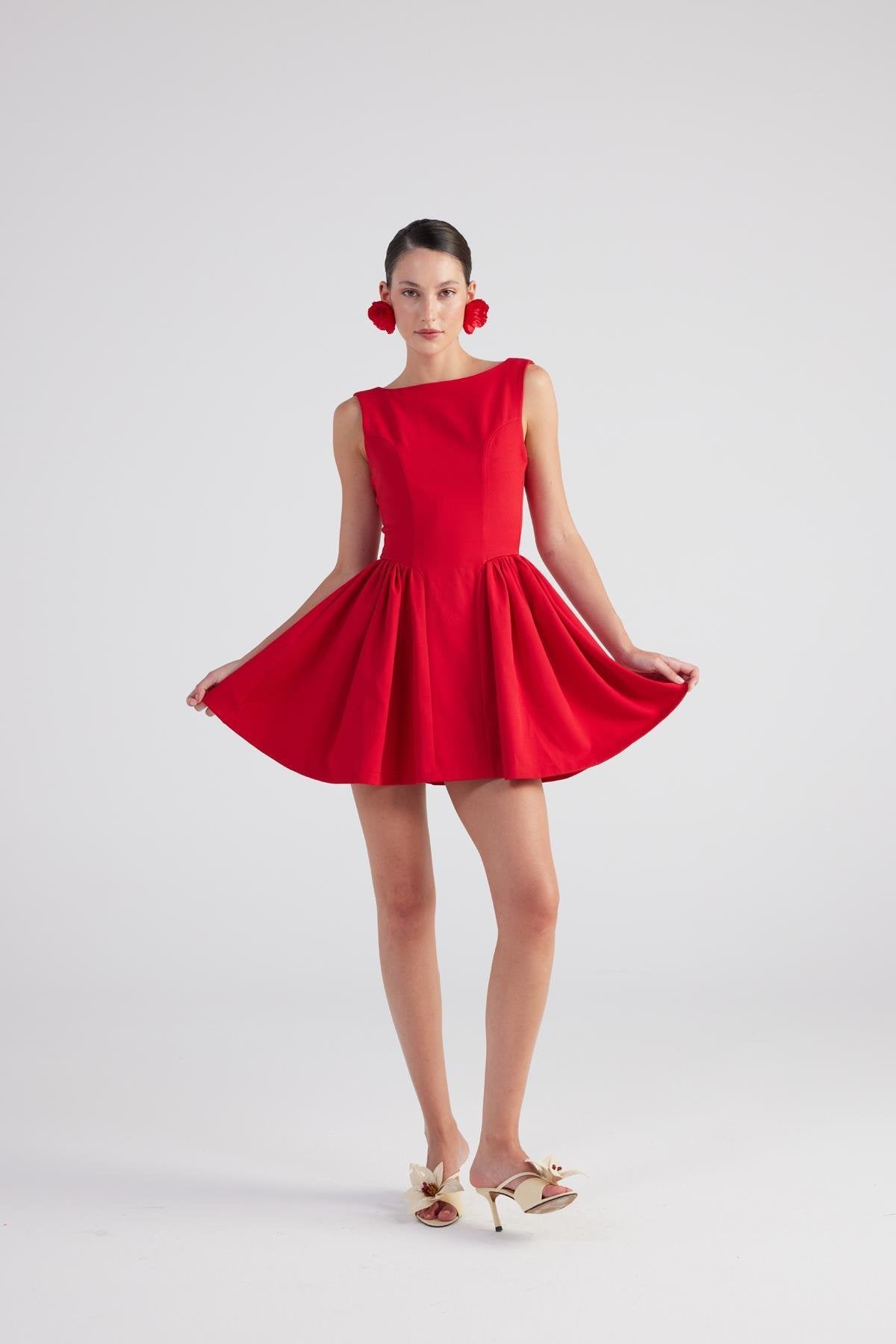 Alena Red Pleated Skirt Mini Dress