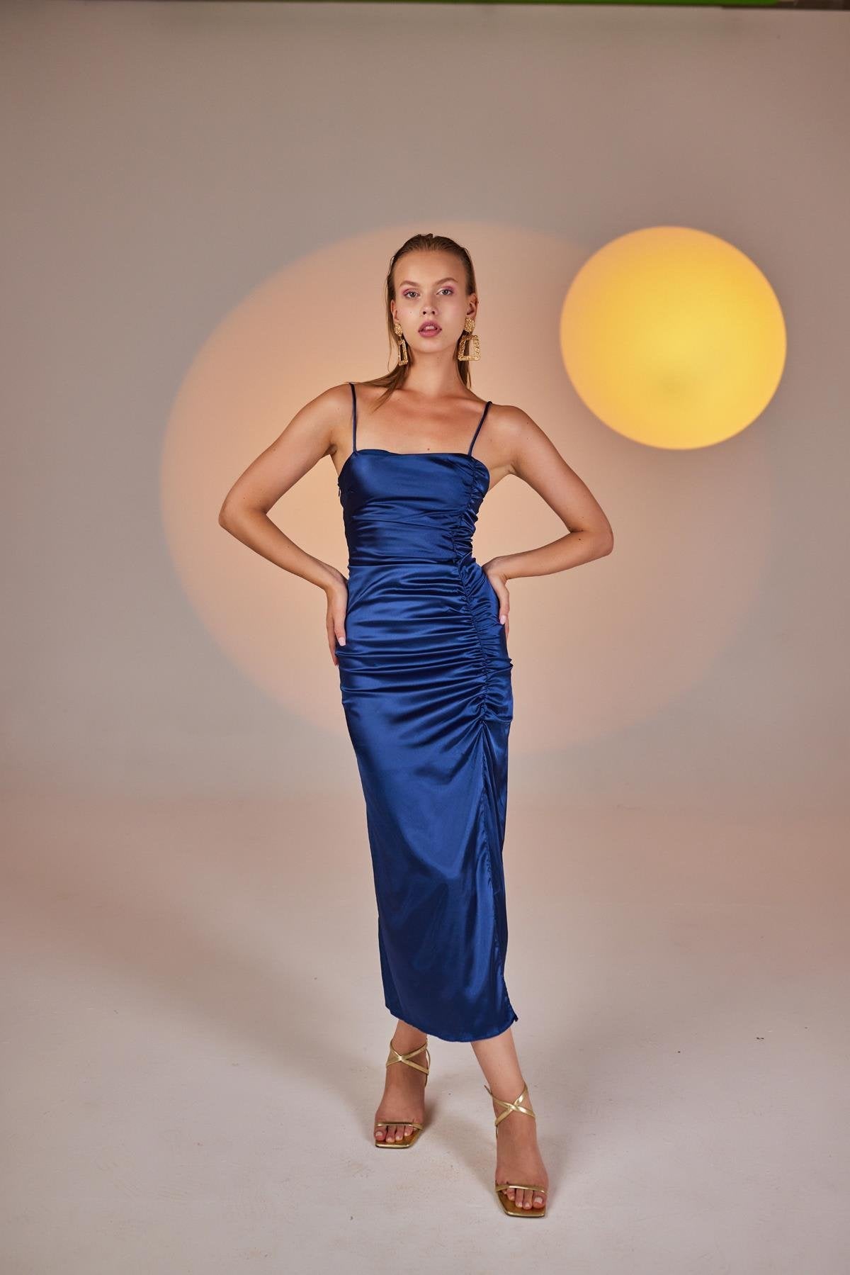Dipsy Blue Satin Strappy Slit Midi Dress