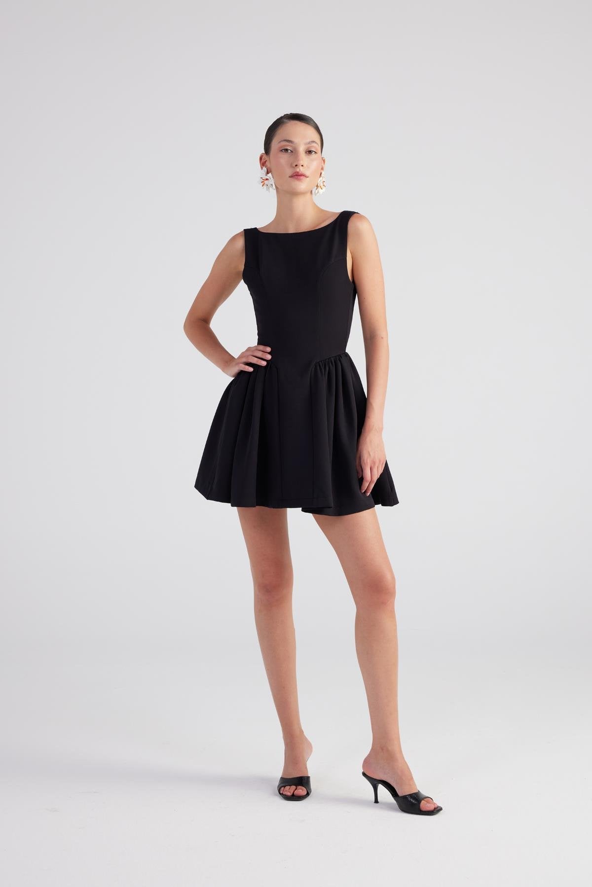 Alena Black Pleated Skirt Mini Dress