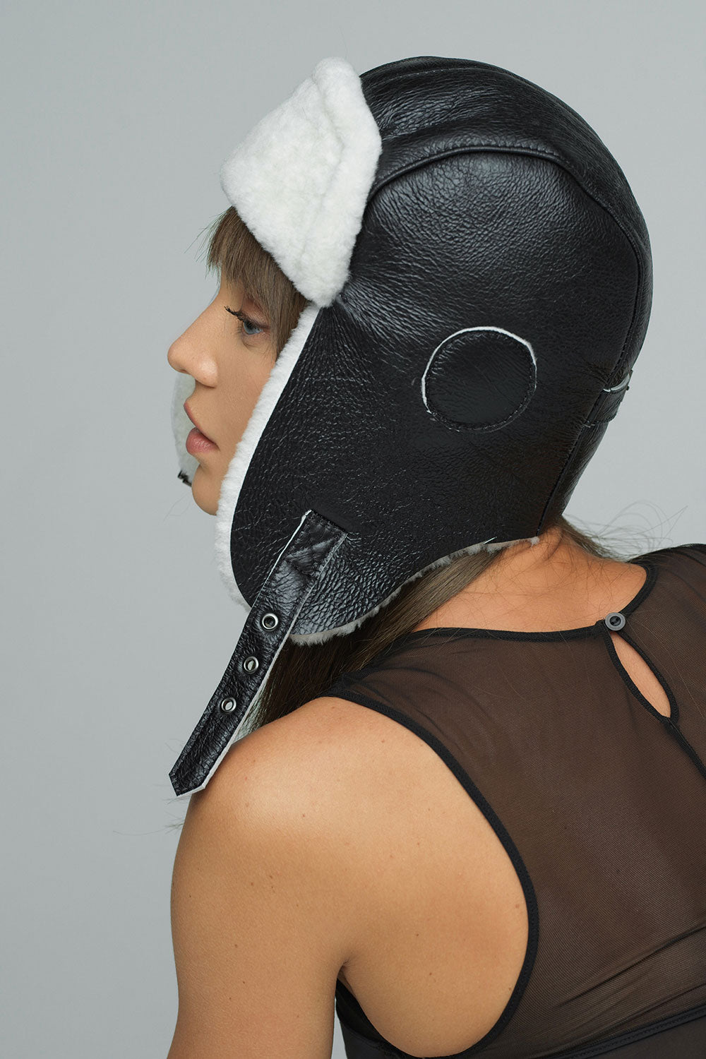 White Lamb Fur Hat with Black Shearling Leather