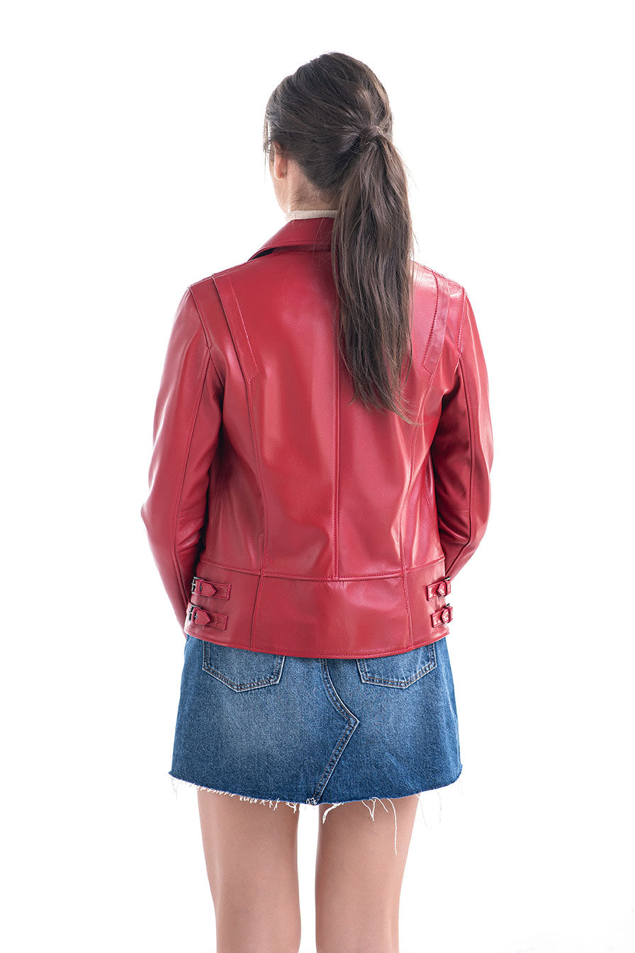 Red Genuine Sheepskin Jacket with Diagonal Zipper