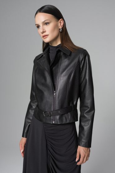 Black Genuine Leather Cropped Jacket with Stylish Belt