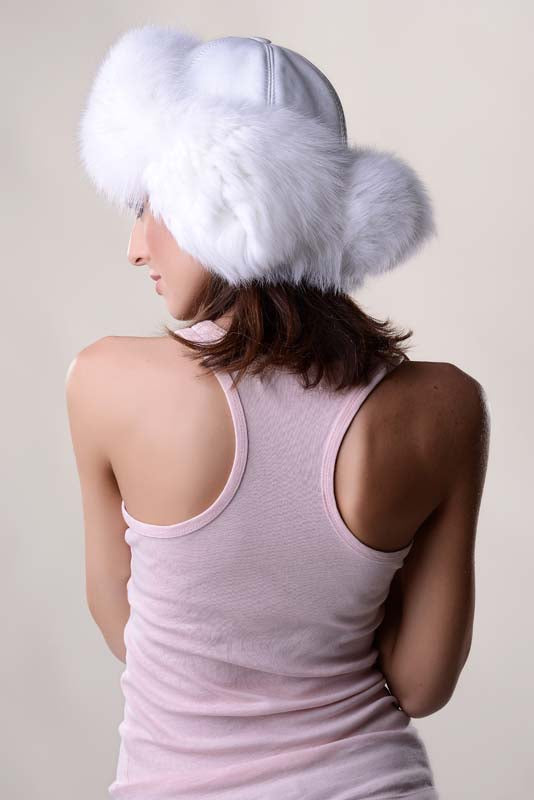White Genuine Arctic Fox Fur Hat with Lamb Nappa Leather