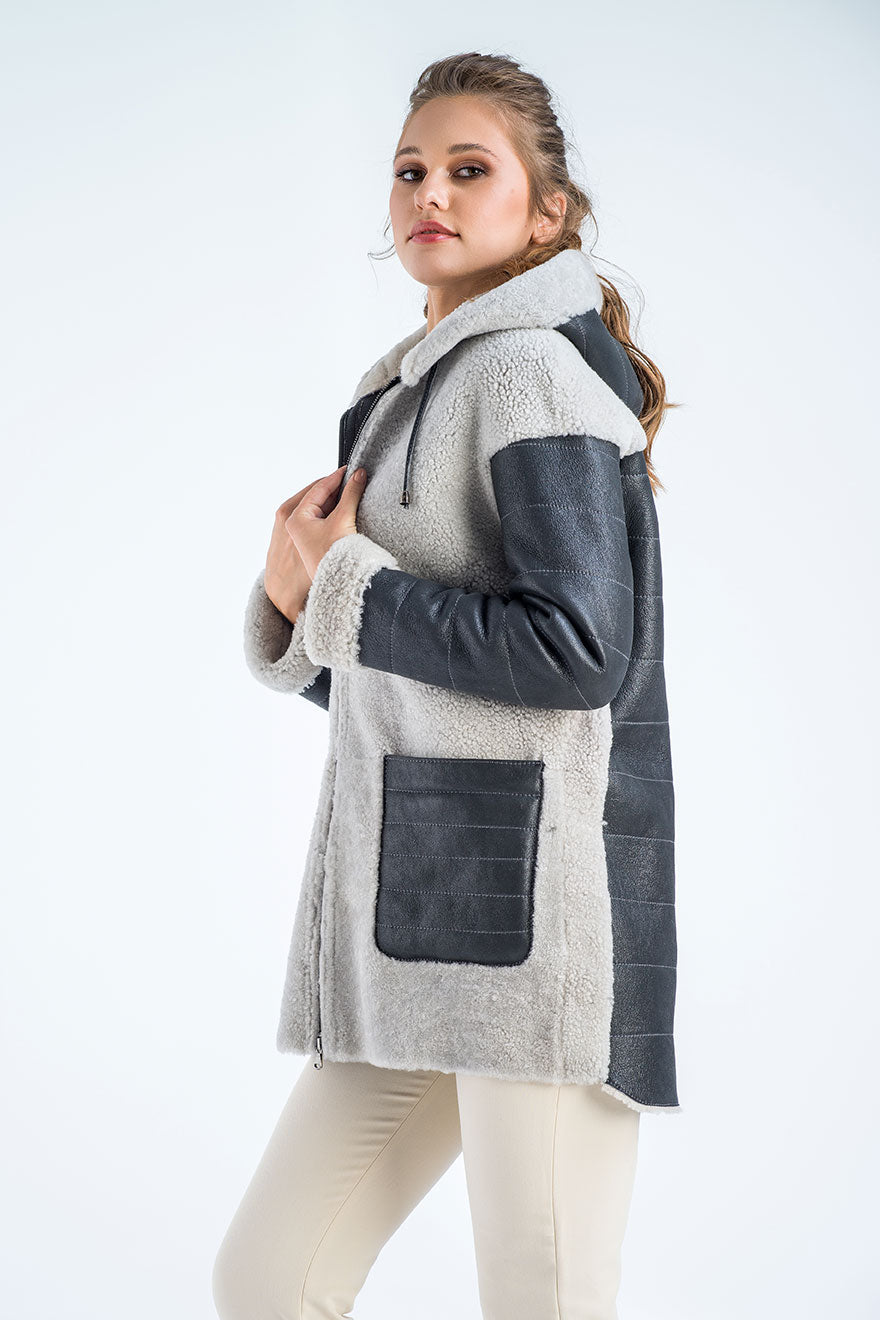 Gray Natural Shearling Sheepskin Hooded Jacket