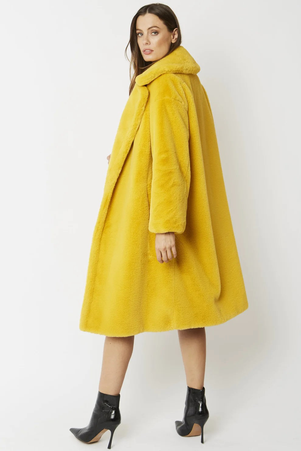 Yellow Faux Fur Midi Shaved Shearling Coat