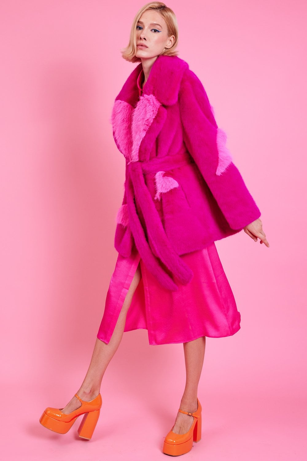 Pink Eco Bamboo Faux Fur Coat with Love Heart Detailing