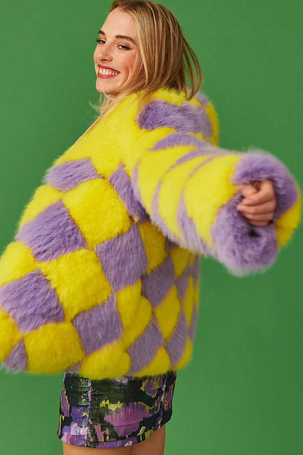 Delilah Yellow Purple Faux Fur Jacket