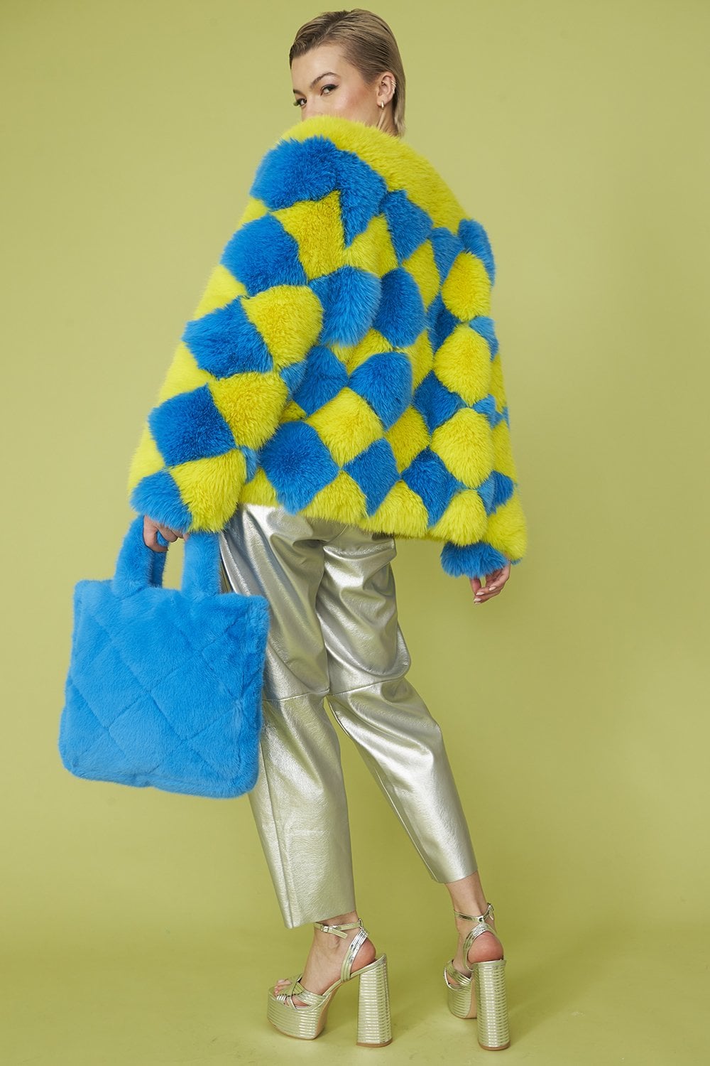 Delilah Handmade Yellow Blue Faux Fur Jacket