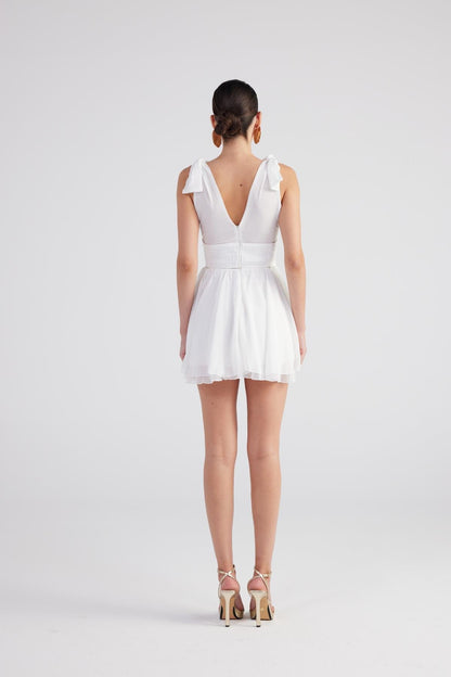 Fiona White Ruched Mini Dress with Pleated Skirt
