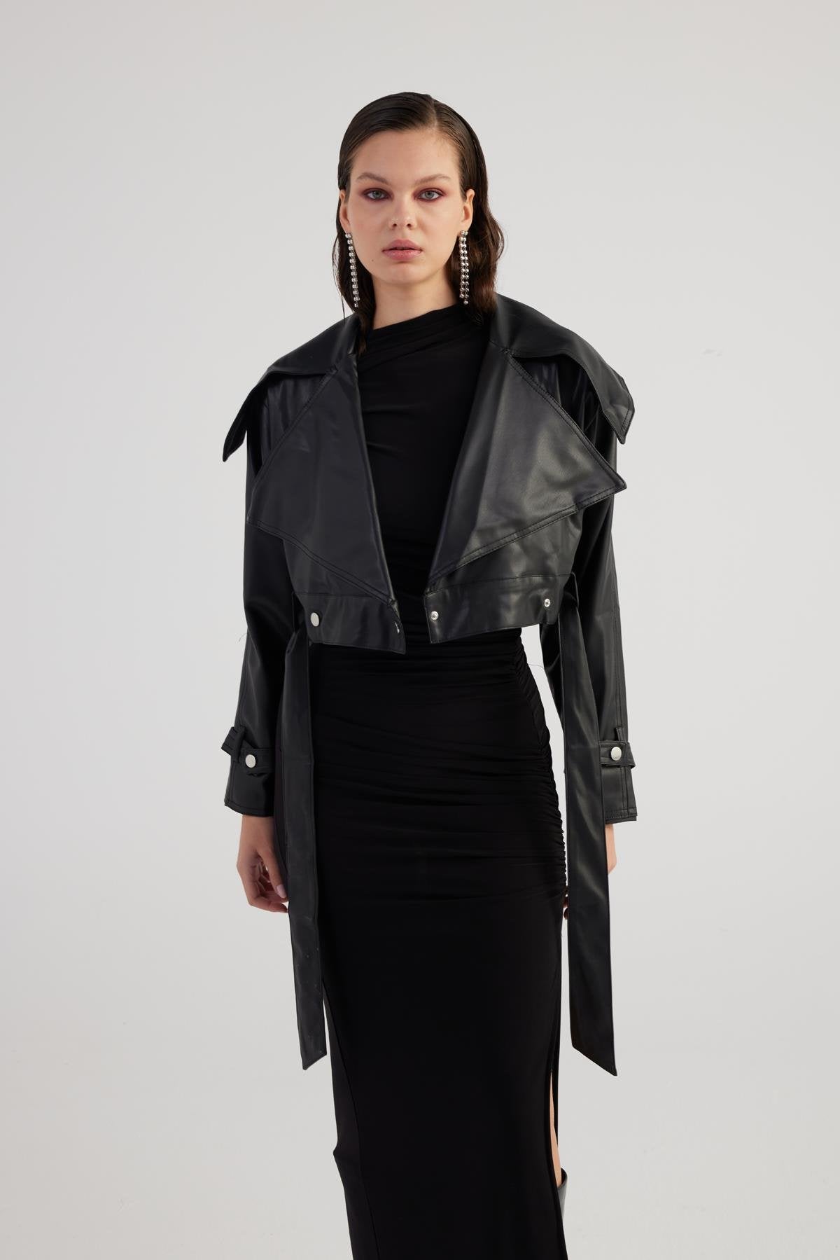 Neeko Black Faux Leather Cropped Jacket