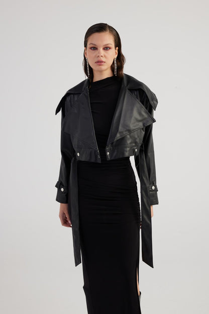 Neeko Black Faux Leather Cropped Jacket
