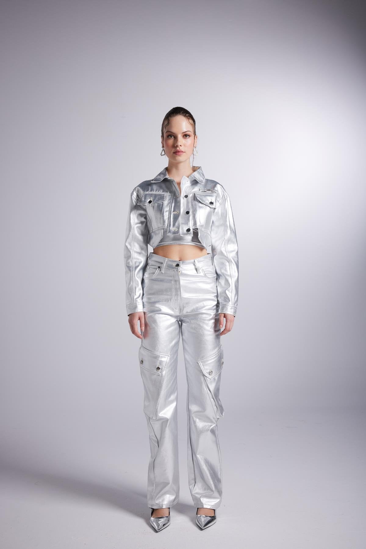 Metallic Grey Glossy Millen Cropped Jacket