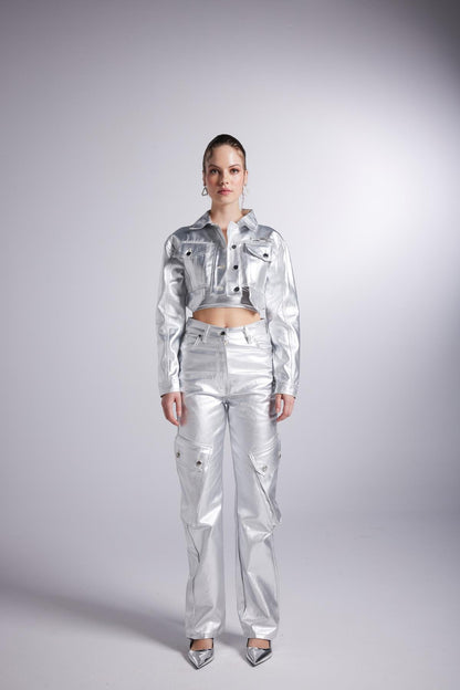 Metallic Grey Glossy Millen Cropped Jacket