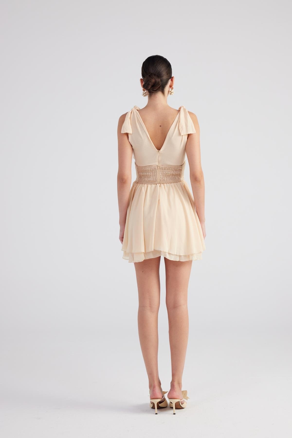 Fiona Beige Ruched Mini Dress with Pleated Skirt