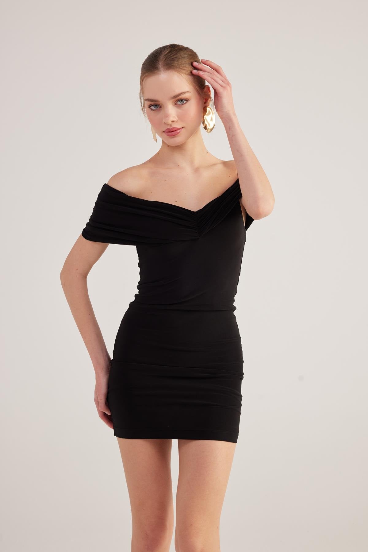 Muse Black Bardot Neck Mini Dress