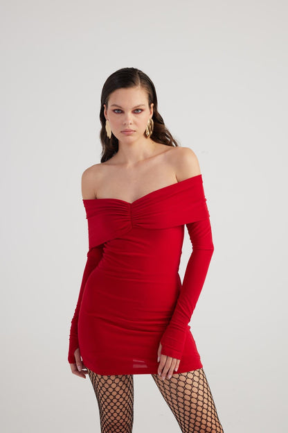 Dreamer Red Bardot Neck Mini Dress