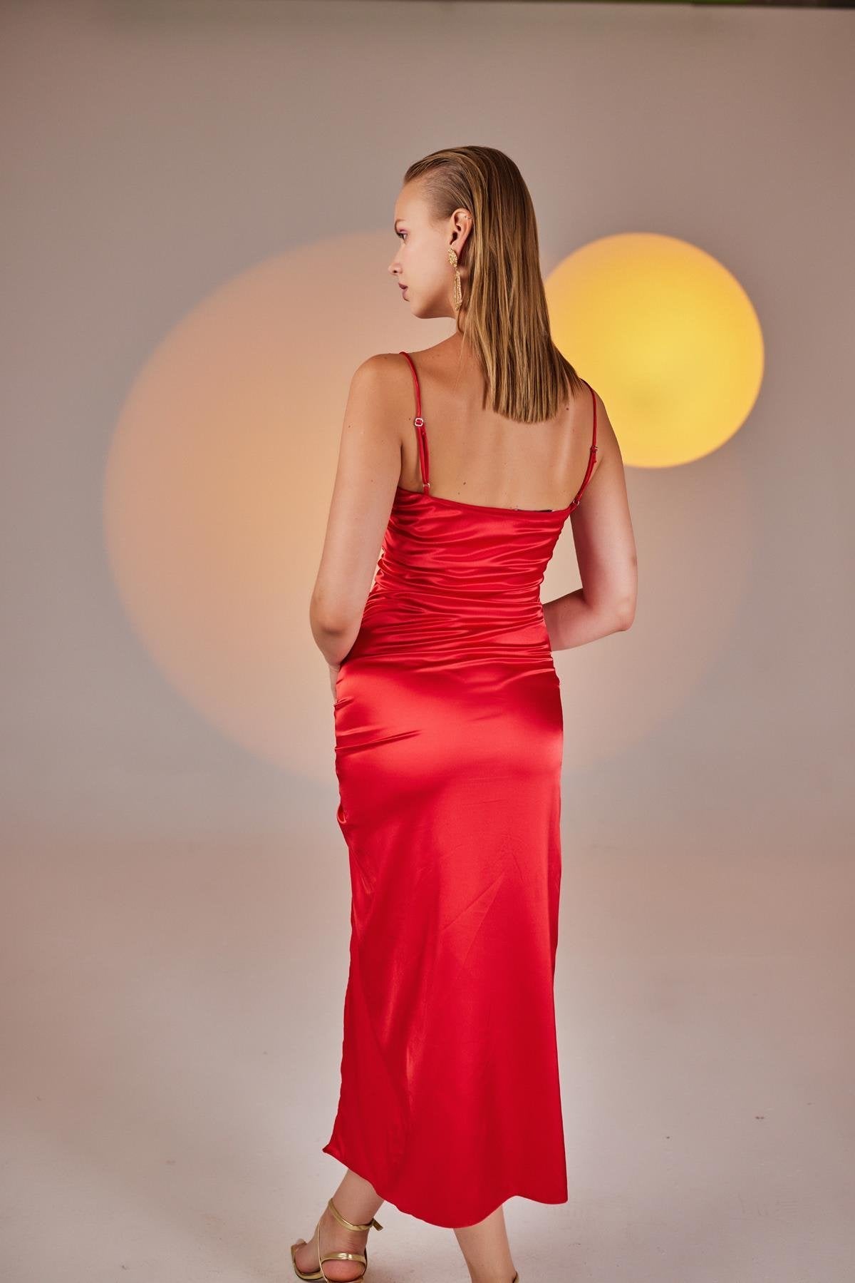 Dipsy Red Satin Strappy Slit Midi Dress