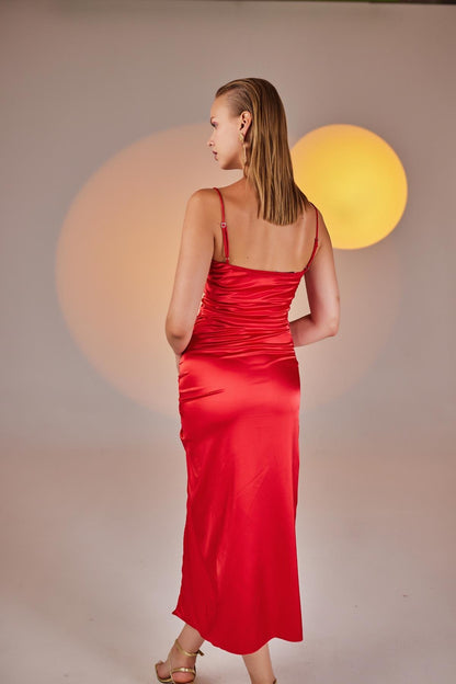 Dipsy Red Satin Strappy Slit Midi Dress