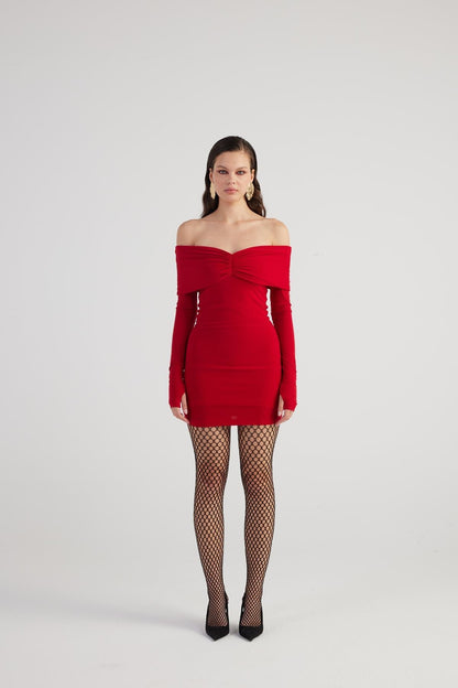 Dreamer Red Bardot Neck Mini Dress