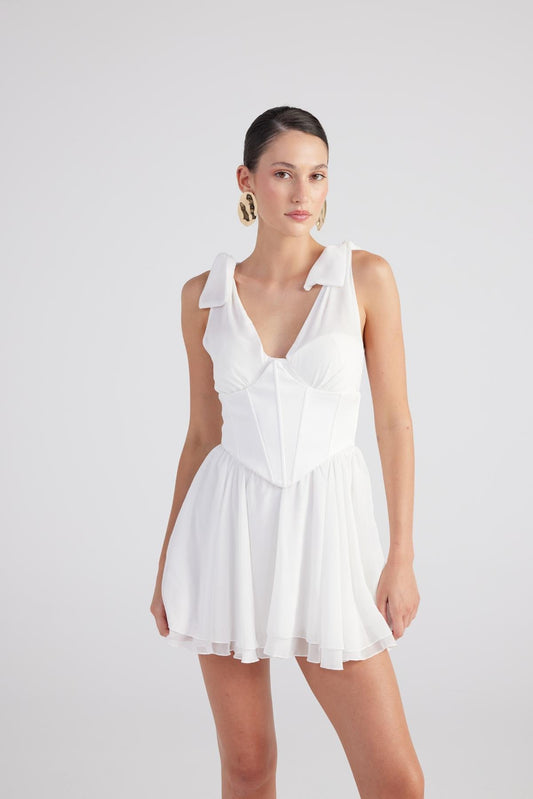 Fiona White Ruched Mini Dress with Pleated Skirt