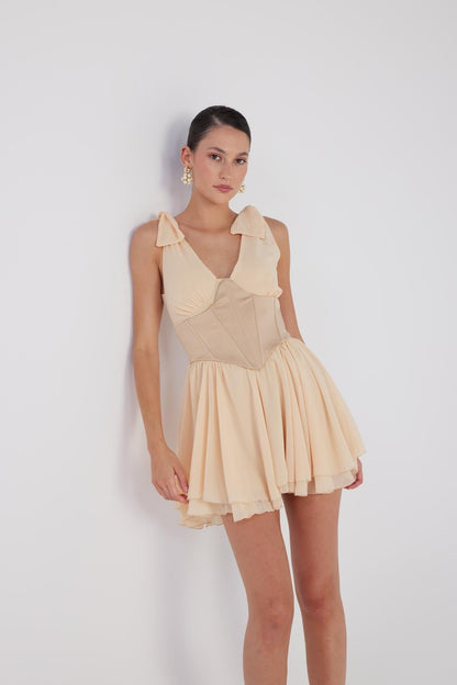 Fiona Beige Ruched Mini Dress with Pleated Skirt