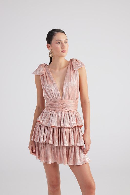 Glare Salmon Shiny Pleated Mini Ruffle Dress