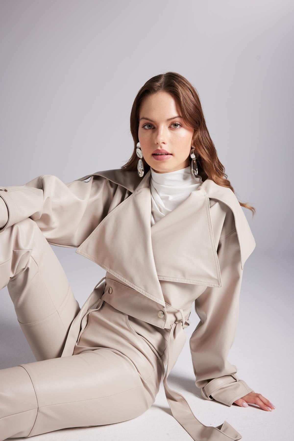 Neeko Beige Faux Leather Cropped Jacket