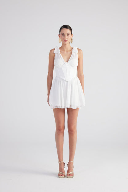 Fiona White Ruched Mini Dress with Pleated Skirt