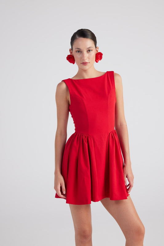 Alena Red Pleated Skirt Mini Dress