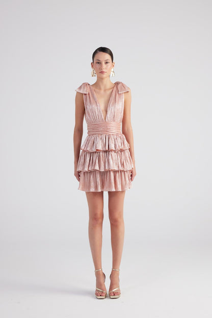 Glare Salmon Shiny Pleated Mini Ruffle Dress