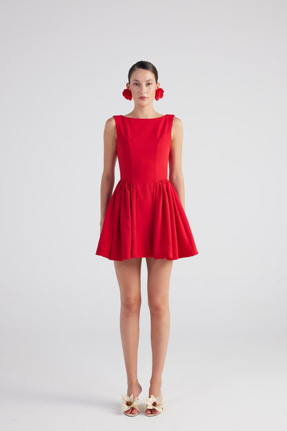 Alena Red Pleated Skirt Mini Dress