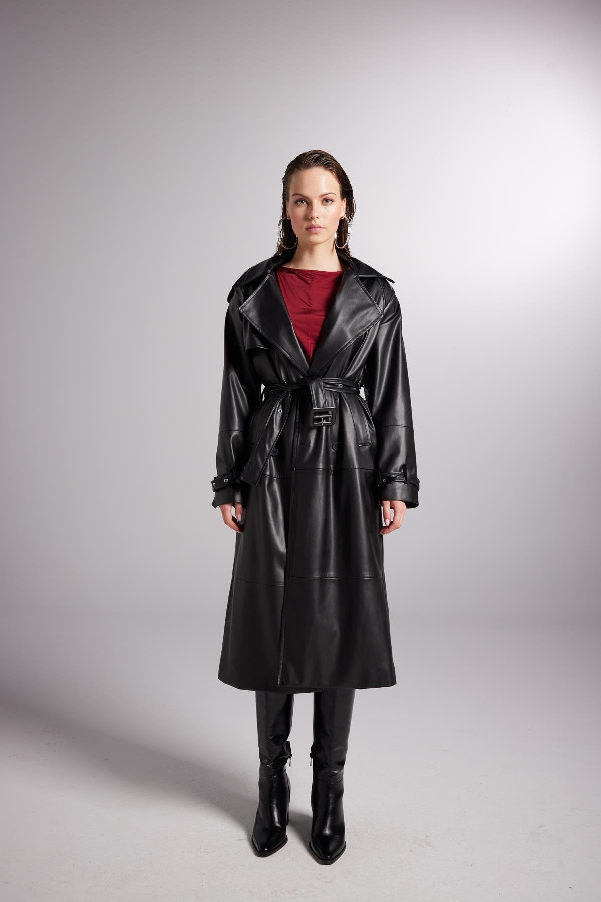 Collider Black Faux Leather Trench Coat