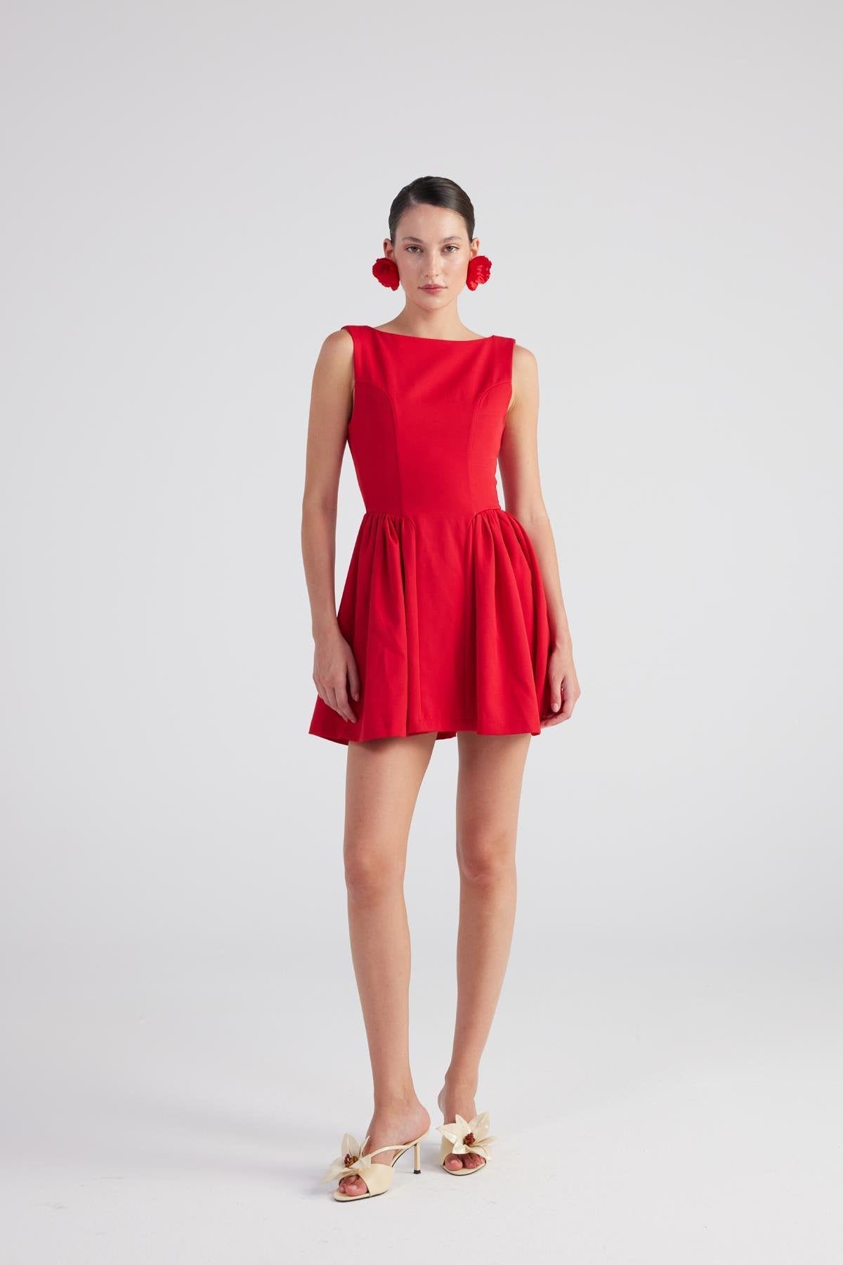 Alena Red Pleated Skirt Mini Dress
