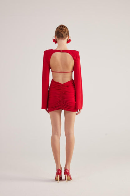 Hanna Red Backless Long Sleeve Mini Dress with Removable Rose Accessory