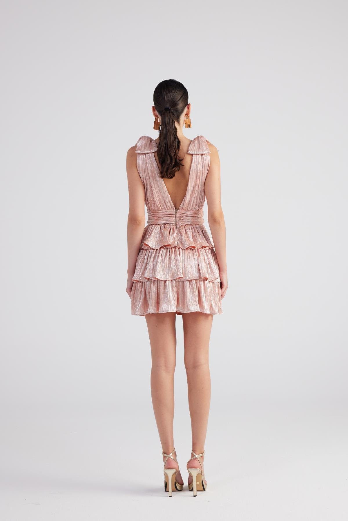 Glare Salmon Shiny Pleated Mini Ruffle Dress