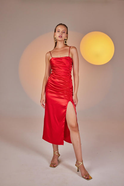 Dipsy Red Satin Strappy Slit Midi Dress