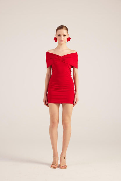 Muse Red Bardot Neck Mini Dress