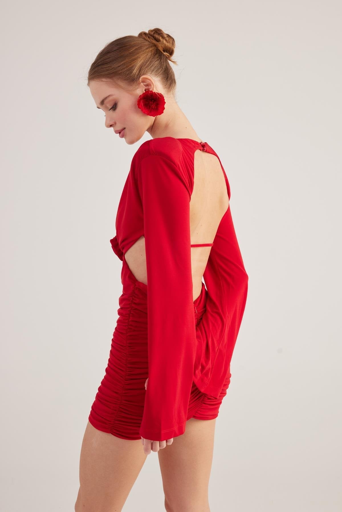 Hanna Red Backless Long Sleeve Mini Dress with Removable Rose Accessory