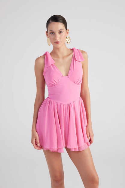 Fiona Pink Ruched Mini Dress with Pleated Skirt