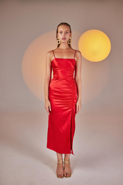 Dipsy Red Satin Strappy Slit Midi Dress