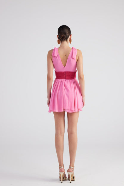 Fiona Pink Ruched Mini Dress with Pleated Skirt