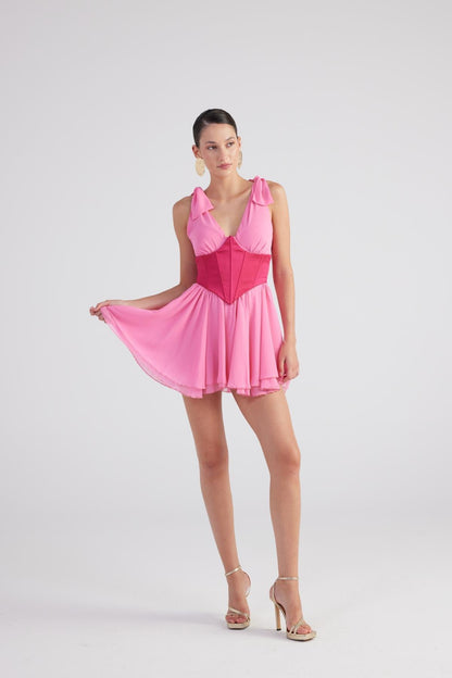 Fiona Pink Ruched Mini Dress with Pleated Skirt