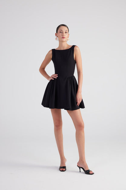 Alena Black Pleated Skirt Mini Dress