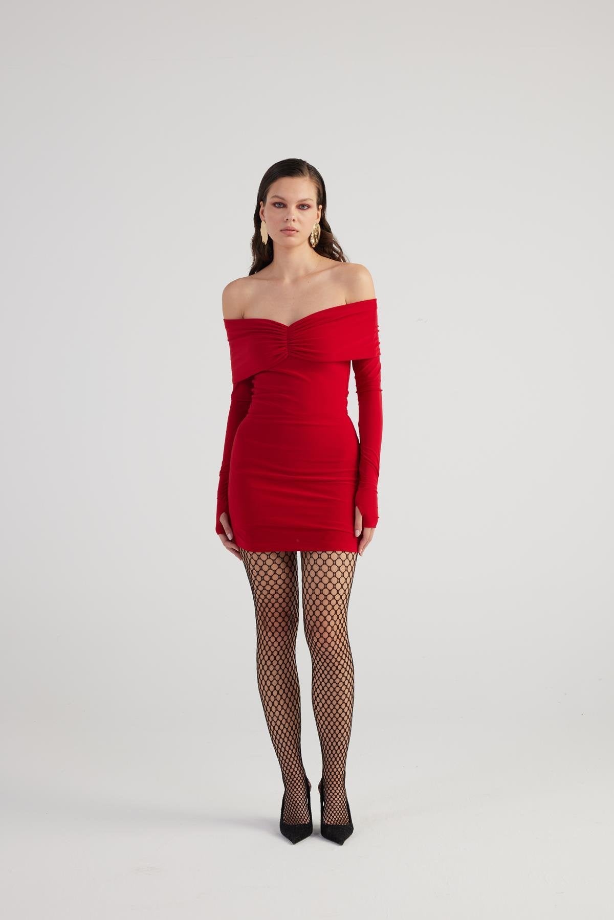 Dreamer Red Bardot Neck Mini Dress