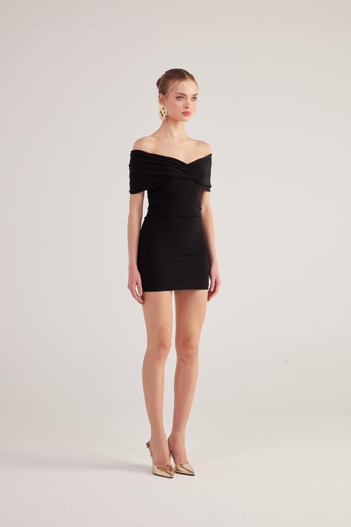 Muse Black Bardot Neck Mini Dress