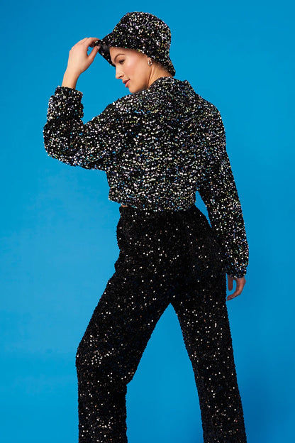 Black Bamboo Blend Sequin Trousers
