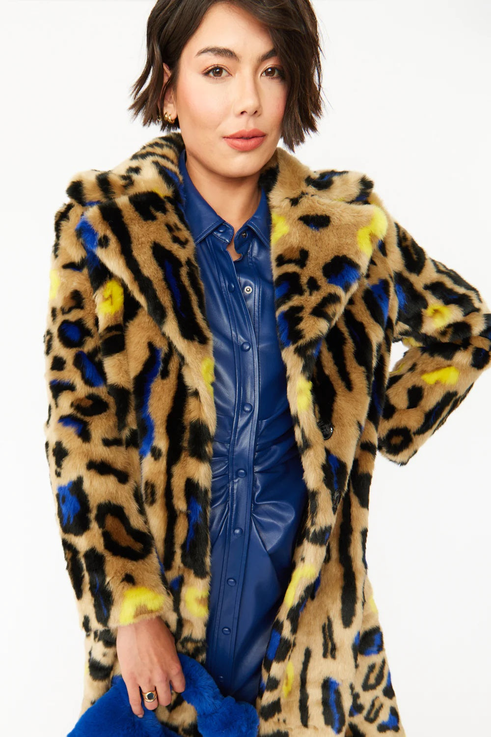 Blue Faux Fur Leopard Print Maxi Coat