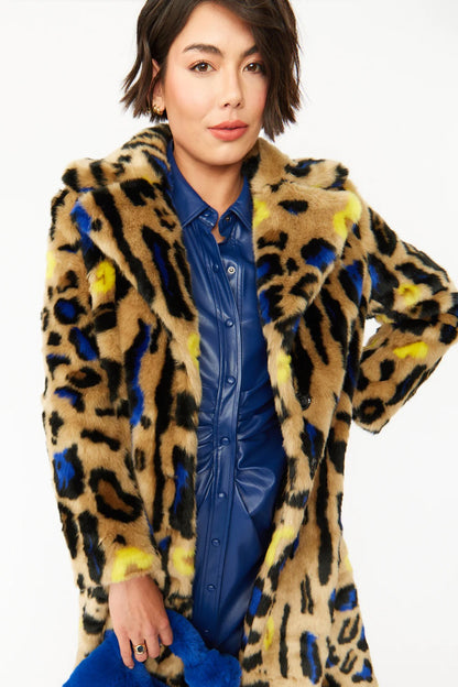 Blue Faux Fur Leopard Print Maxi Coat