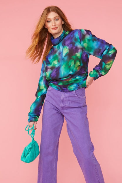 Blue Silk Blend Gathered Waist Blouse