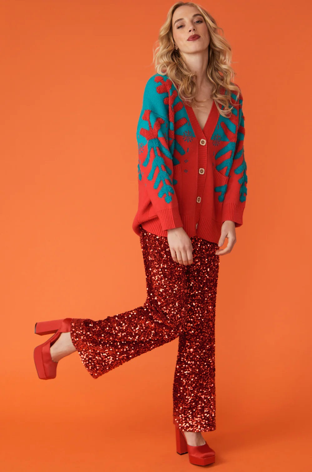 Christmas Tree Red - Green Cashmere Cardigan